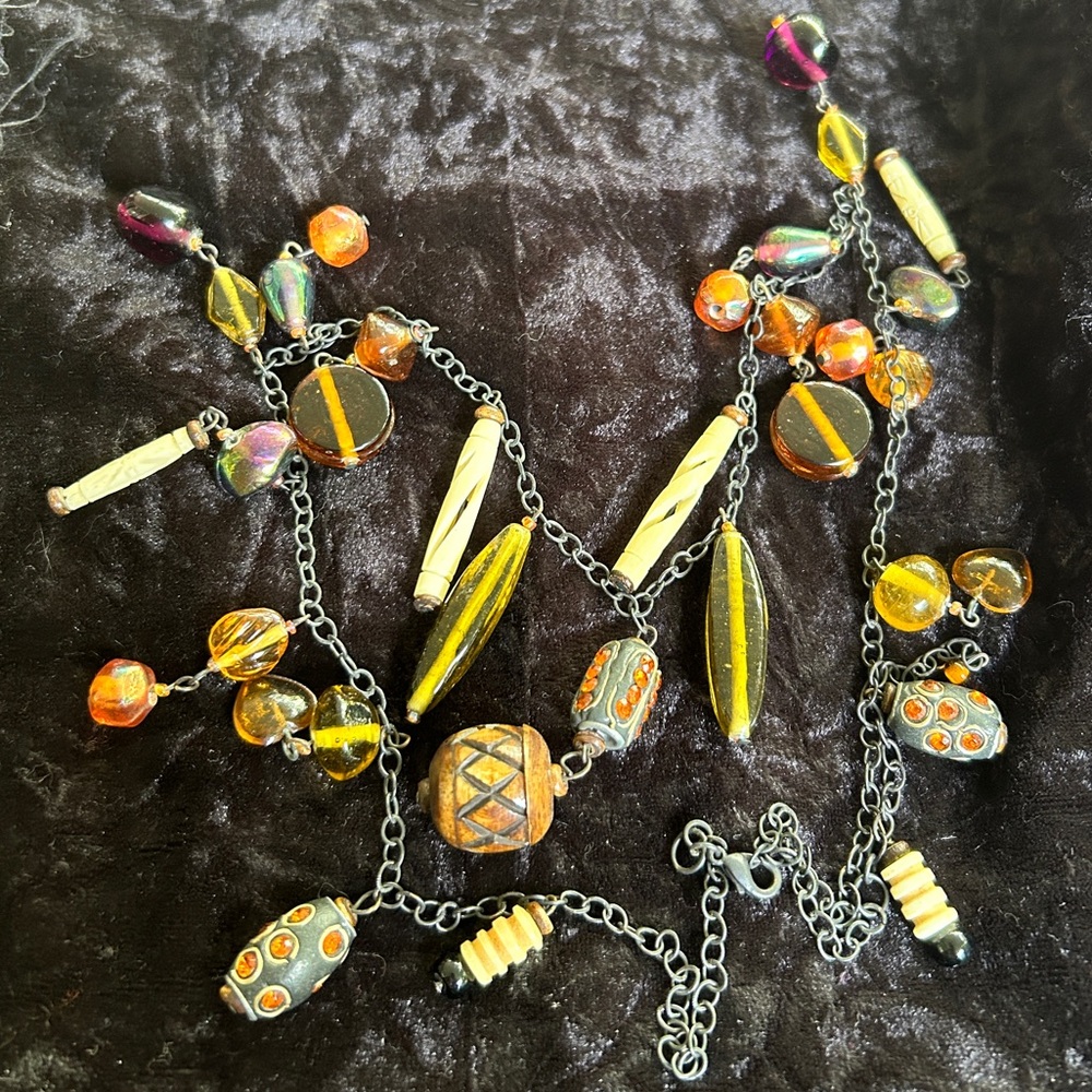 Rare Gorgeous Handmade Vintage Carved Bone & Wood Necklace with Glass Beads boho